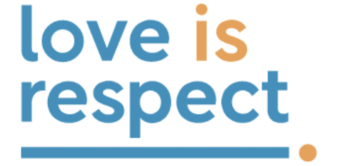 Love is respect in blue and yellow with a blue underline and yellow period